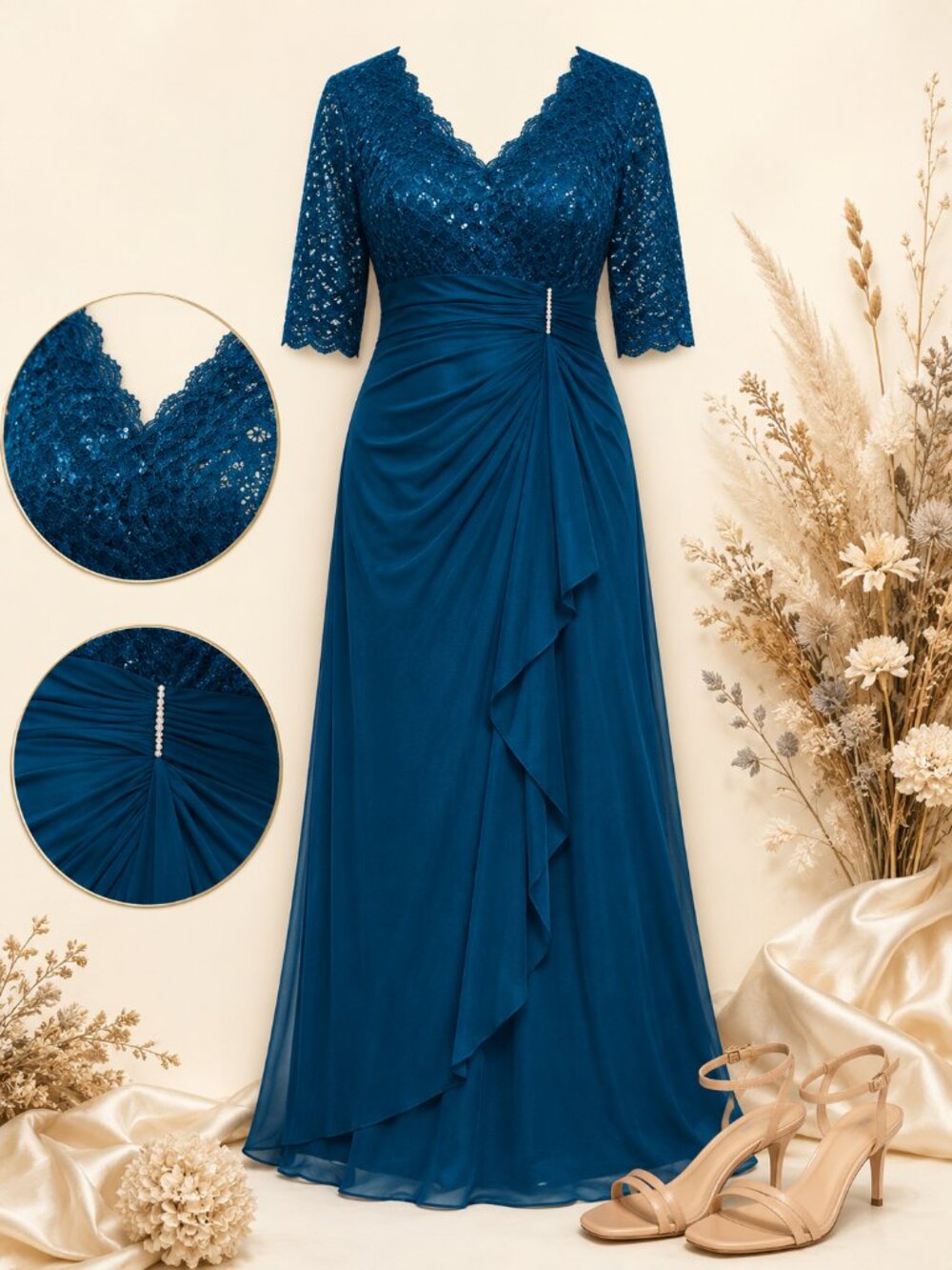 B&A by Betsy & Adam Peacock Plus Size V Neck Gown 16W 18W NWT